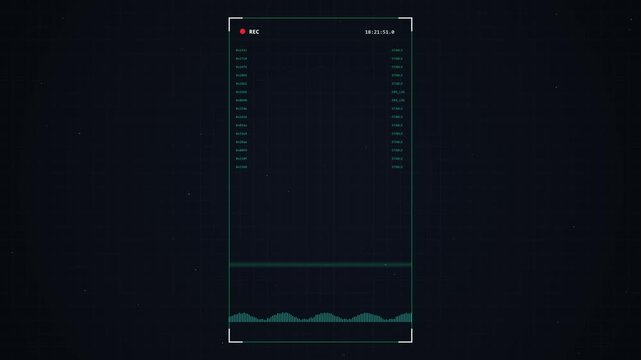 Digital interface displaying scrolling system logs and frequency waves