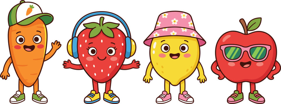 Cute Fruit Characters Set with Carrot Strawberry Lemon and Apple in Trendy Outfits for Fun Healthy Food and Fashionable Lifestyle Illustration.