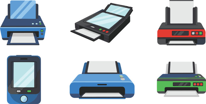 Office printer and scanner vector illustration set featuring multifunction printing devices with paper trays isolated on white background for business design