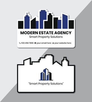 Modern Real Estate Agency Die-Cut Business Card Template with City Skyline Silhouette for Property Solutions
