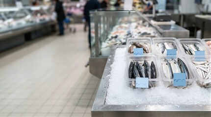 Obraz premium Four clear plastic containers filled with fish sitting on ice.
