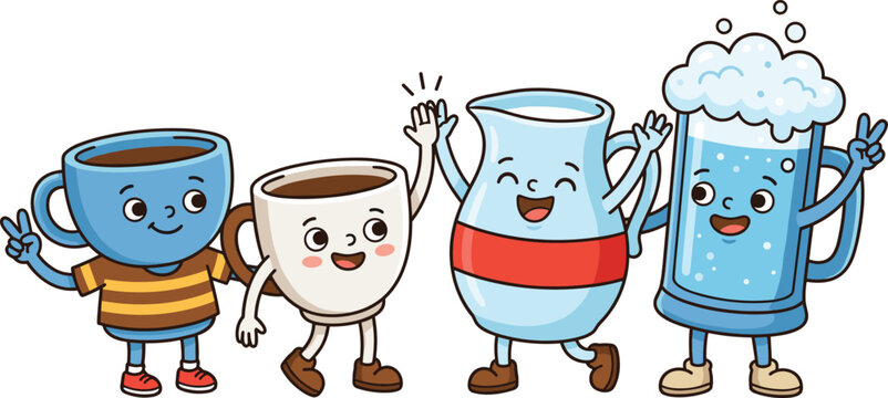 Cute Cartoon Drink Characters Set with Coffee Cups Water Pitcher and Beer Glass for Fun Beverage Illustration and Playful Vector Design.