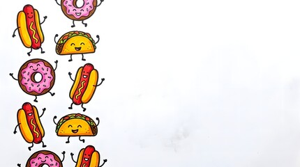 Fototapeta premium Fun Junk Food Illustration Layout with Hot Dogs Tacos and Donuts Border Design