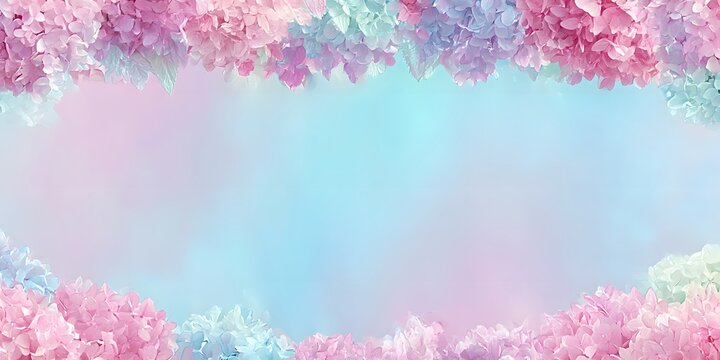 あじさいのフレーム背景（余白あり・パステルカラー）梅雨のバナーや広告に使える紫陽花素材