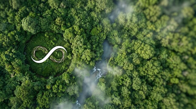 An aerial view of a river flowing through a lush green forest.