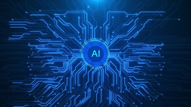 AI circuit technology background glows processor lines, neural energy, futuristic digital depth for artificial intelligence software promos, machine learning cyber intros, innovation presentations.
