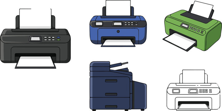 Colorful office printer vector illustration collection showing desktop inkjet and multifunction machines with paper isolated on white background for workflow design
