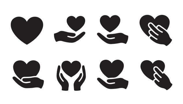 Heart in hand icons set silhouette vector illustrations for love care and donation concept.