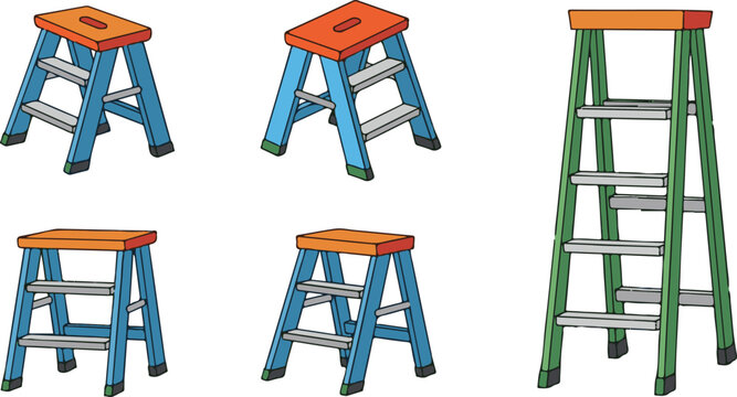 Step ladder and work stool clipart set with colorful construction access equipment isolated on white background for home repair design