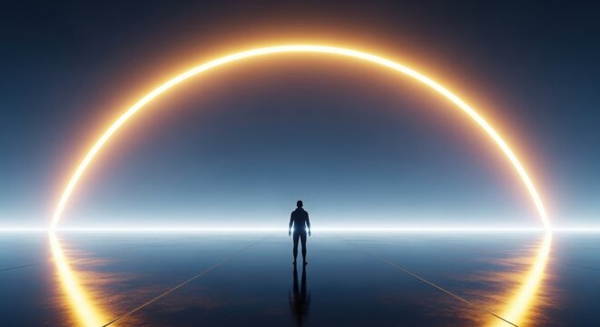 Man standing at portal entering glowing tunnel transformation