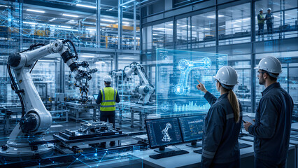 Fototapeta premium Smart Manufacturing Robotics – Industrial Engineers Using Digital Twin Interface for Automated Production