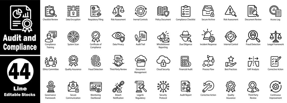 Audit and compliance icons collection set line editable stocks. Including checklist review, data encryption risk assessment, internal controls policy document, and compliance.