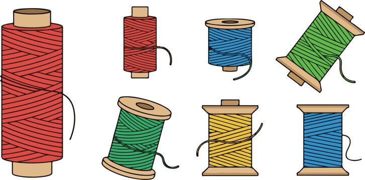 Colorful sewing thread spool vector illustration set showing yarn reels in multiple colors isolated on white background for craft design