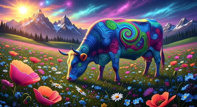 Surreal psychedelic cow grazing in a vibrant mountain flower meadow under a cosmic sky