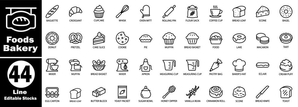 Food's bakery line icon collection for web and app, modern editable stroke signs for baked goods, ingredients, and kitchen tools.