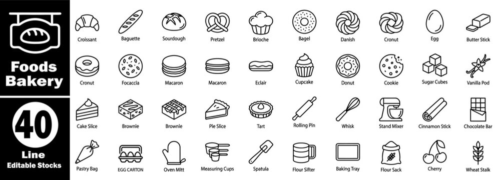 Set of bakery line icons contains editable stocks, like croissant, baguette, sourdough, pretzel, brioche, bagel, danish, cronut, and egg.