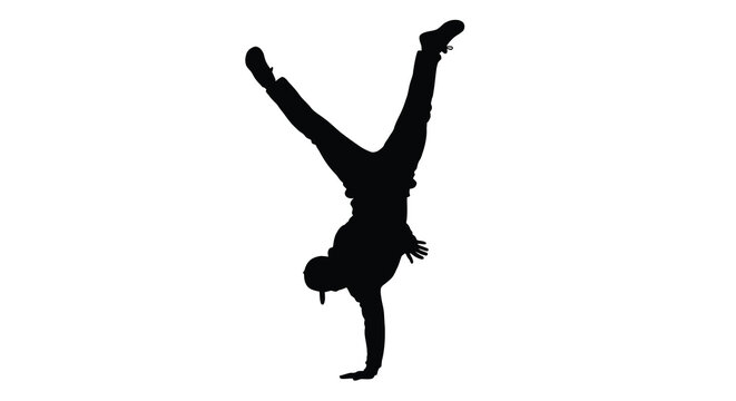 Breakdancer performing handstand pose against white background silhouette