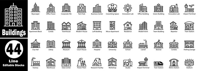 Building and architecture line icons with editable strokes: skyscraper, office tower, corporate HQ, tech hub, business center, cowork space. © Hafiz