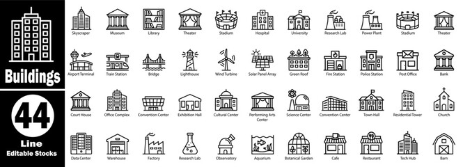 Building and architecture line icons with editable strokes: skyscraper, museum, library, theater, stadium, hospital, university, research lab, and more. © Hafiz