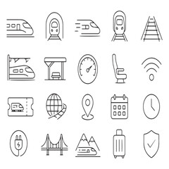 Modern train travel line icons set, 20 high speed railway transport vector elements, minimalist subway and locomotive symbols for travel apps © Rafiul2007