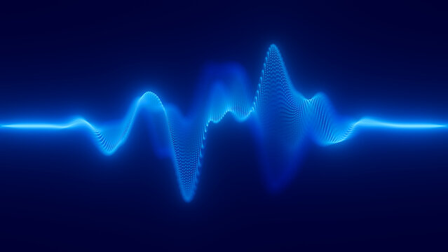 Audio blue waveform digital particle wave background. Abstract music dot waves equalizer. Futuristic point sound wave visualization. AI synthetic voice technology. Distorted dot frequencies.