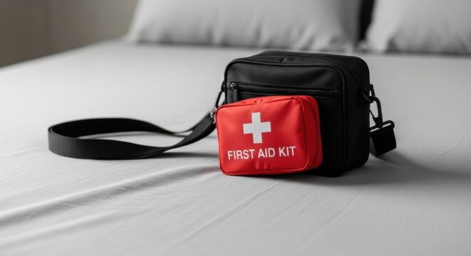 First aid kit on a bed in a hotel room