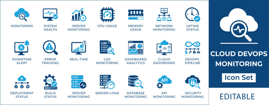Cloud DevOps monitoring icon set featuring server health, CPU usage, network monitoring, real-time analytics, deployment status, API monitoring, and dashboard analytics symbols.