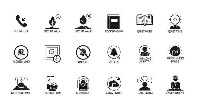 Mindfulness and slow living lifestyle icons set featuring quiet time unplugged activities nature walks and mental health balance for digital wellbeing concept