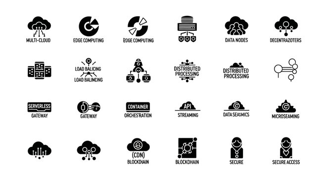 Cloud computing and network infrastructure icons set showing edge processing distributed systems data nodes serverless architecture and blockchain connectivity