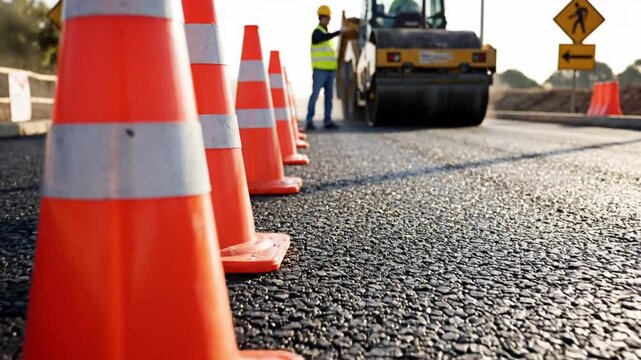Road Construction Site Orange Traffic Cones And Heavy Steamroller Compacting Fresh Asphalt Pavement