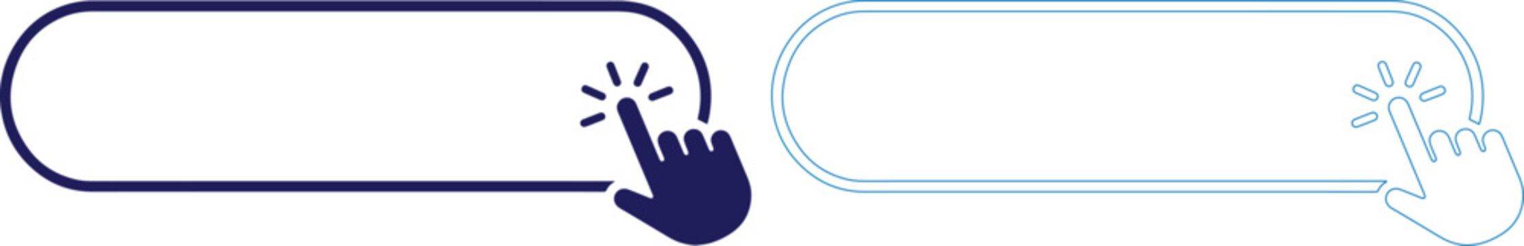 Minimalist website button vector set, navy blue and light blue clickable search bars, interactive user interface elements with hand cursor icons