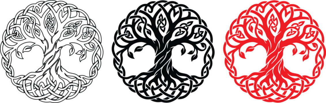 Celtic tree of life vector set, mystical yggdrasil symbols with intricate knotwork, sacred geometry nature icons in black and red line art