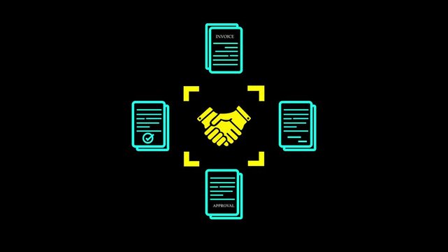 Businessman manage digital procurement process with business contract, invoice, approval documents, representing B2B sourcing, vendor management, supply chain, e-procurement. 