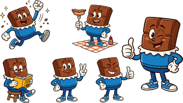 Retro cartoon chocolate bar character set featuring classic mascot in different poses like jumping reading and thumbs up for stickers and prints