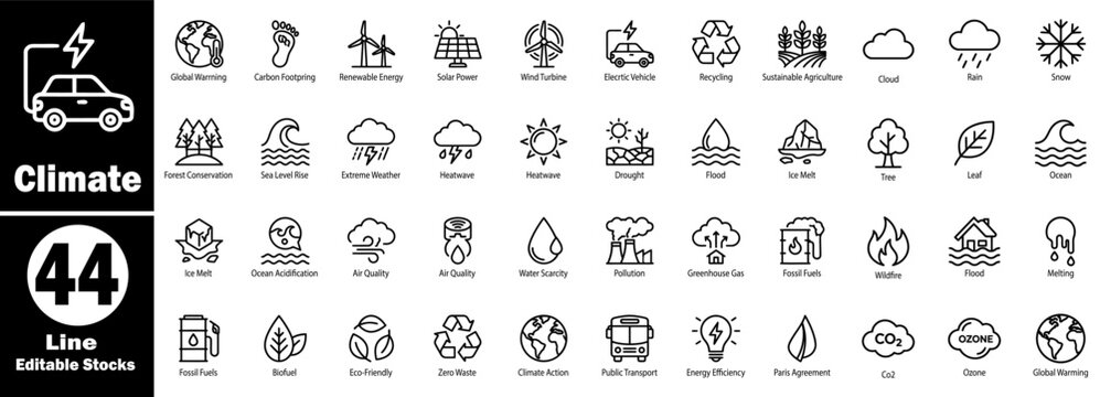 Global climate change line icon set. Featuring environmental global warming, sustainable energy, renewable power, carbon footprint, and ecological impacts.