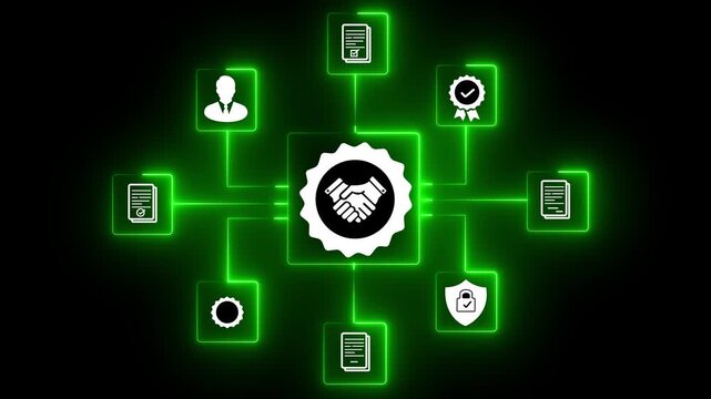 Businessman manage digital procurement process with business contract, invoice, approval documents, representing B2B sourcing, vendor management, supply chain, e-procurement. 