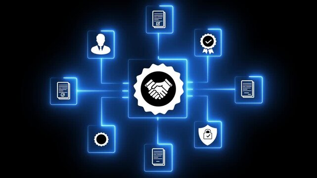 Businessman manage digital procurement process with business contract, invoice, approval documents, representing B2B sourcing, vendor management, supply chain, e-procurement. 