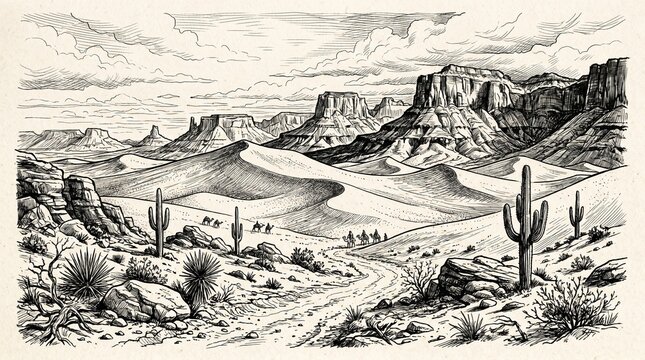 Desert landscape with mountains and cacti and horse riders