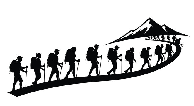 hikers with backpacks walking towards mountains silhouette