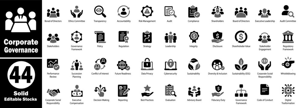 Corporate governance solid icons set. Board directors, ethics committee transparency, accountability, risk management, audit compliance, shareholders, structure, framework policy business.