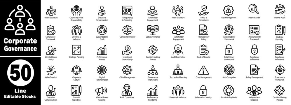 Corporate governance icons. Board structure, social responsibility, executive compensation, transparency, risk management, ethical conduct, sustainability strategy, leadership, business, and more.