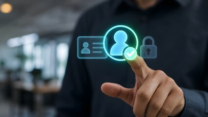 Obraz premium Businessman touching virtual user profile icon with security lock and digital identity verification interface.