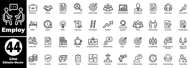 Employ line icon set. job search, career path, teamwork, remote work, employees, resume, interview, promotion, and office symbols. © Hafiz
