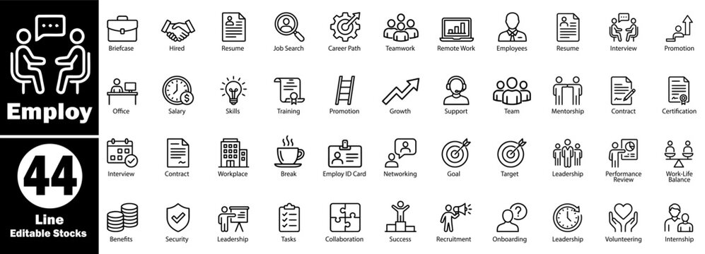 Employ line icon set. job search, career path, teamwork, remote work, employees, resume, interview, promotion, and office symbols.