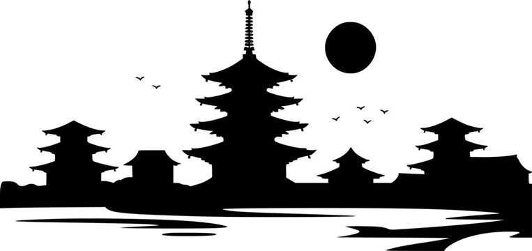 Silhouette of japanese pagodas and a full moon over water with flying birds temple