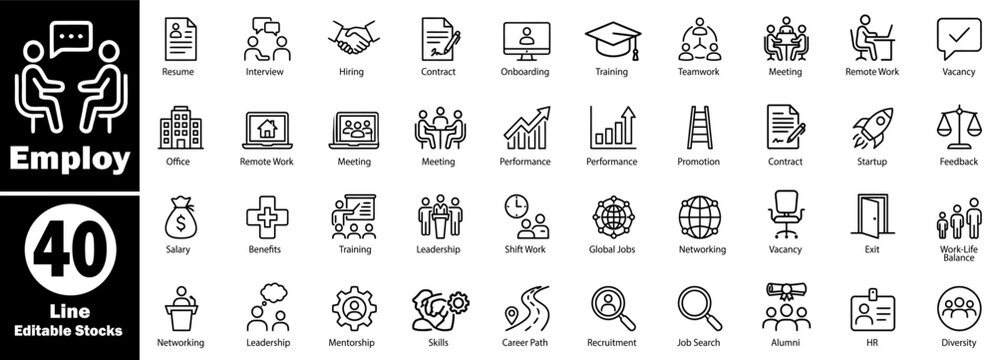 Employ line icon set. resume, interview, hiring, contract, onboarding, training, teamwork, meeting, and remote work symbols.