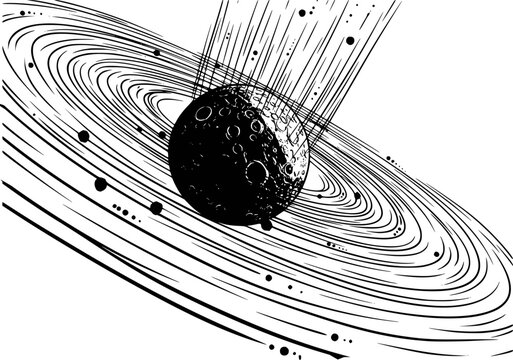 Stylized black and white planet with rings and streaking light white background space