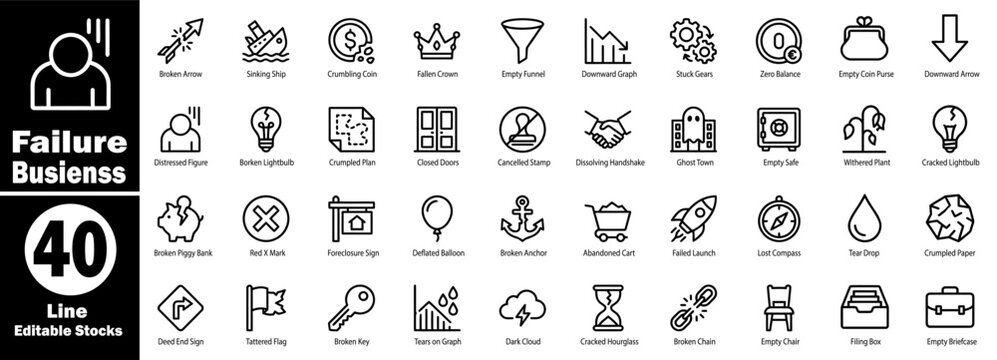 Failure business concept line icons: broken ship, crumbling coin, empty funnel, downward graph, broken arrow, empty purse, sinking ship, broken bank.