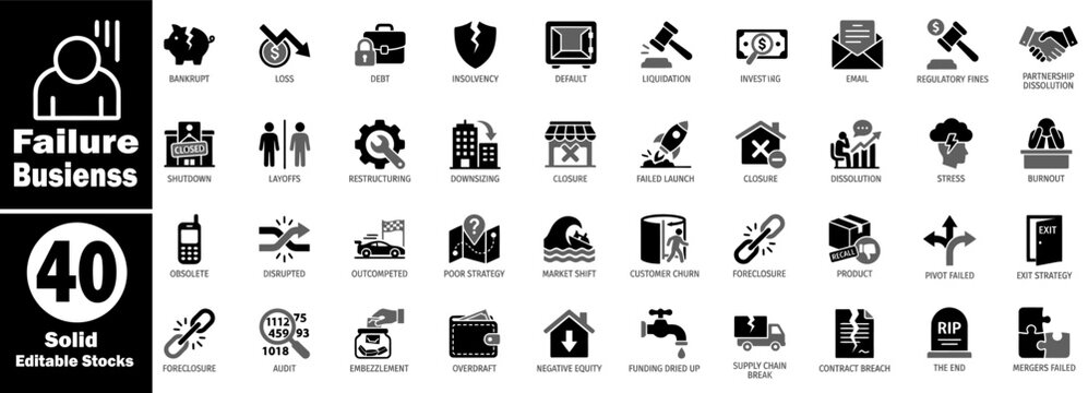 Business failure and financial loss icons. Featuring solid black symbols for debt bankruptcy liquidation, layoff, and corporate bankruptcy issues.
