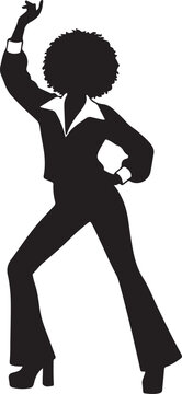 A high-contrast vector silhouette of a woman with an afro hairstyle, striking a classic disco dance pose typical of 1970s fashion and nightlife.